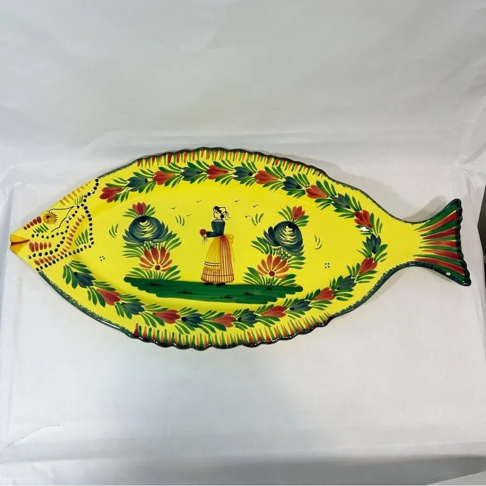 HB Henriot Quimper France Fish 19.25” Platter Yellow Soleil Pottery Femme Breton